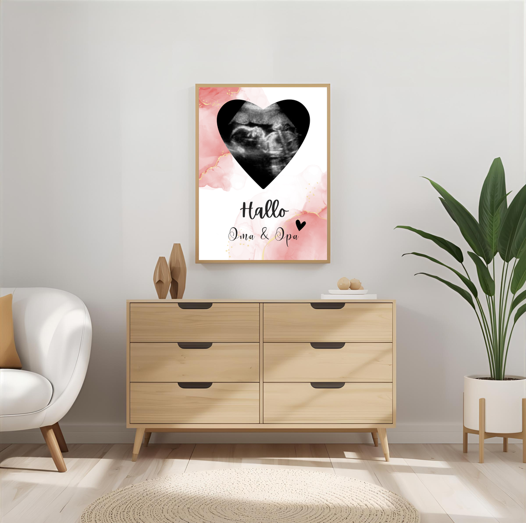 Poster Ultraschallbild personalisiert "Hallo Oma & Opa" | Schwangerschaft verkünden als PDF Datei, ausgedruckt in A4 oder mit Premium Bilderrahmen
