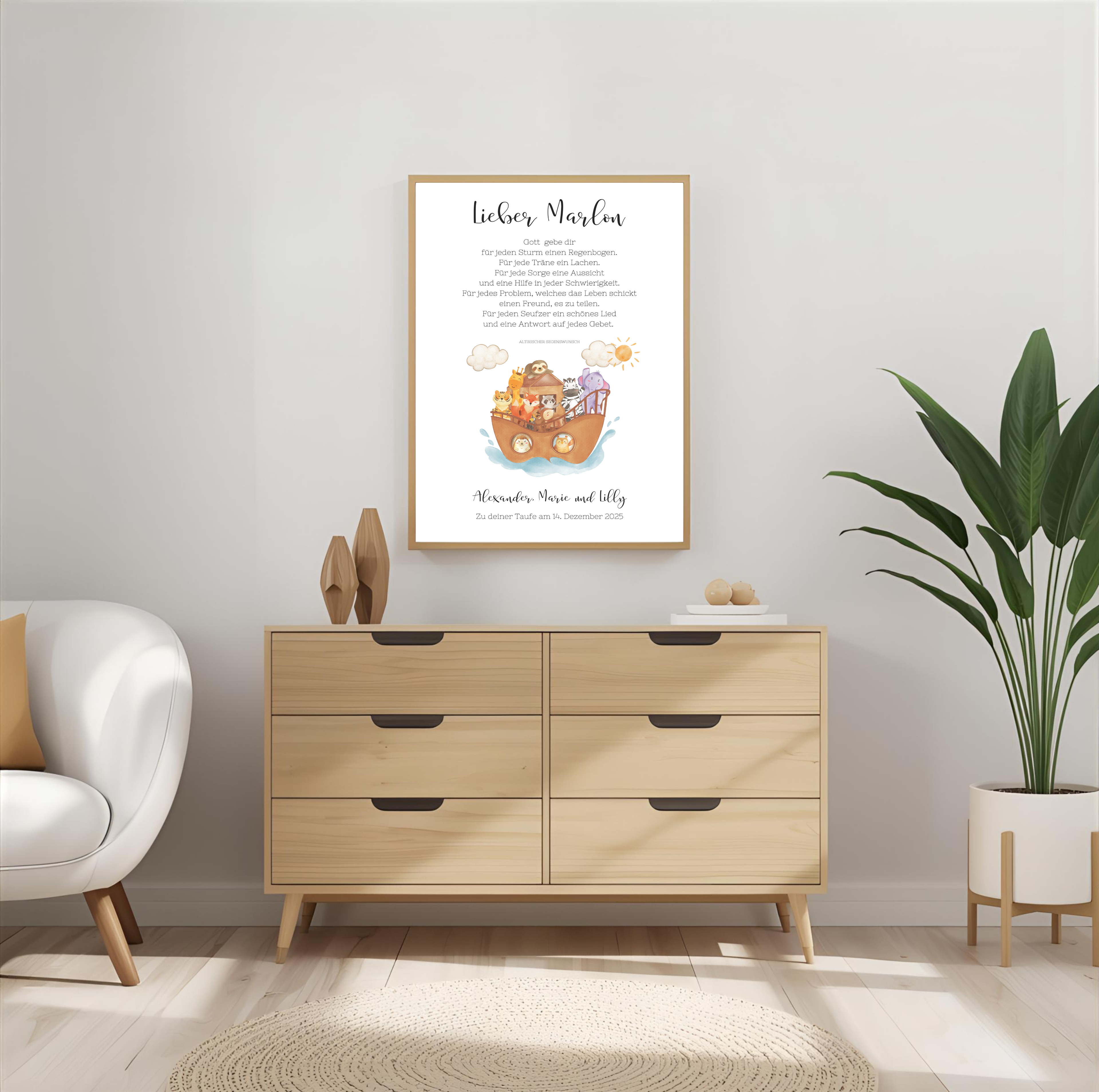 Personalisiertes Poster zur Taufe | Taufgeschenk Arche Noah als PDF Datei, ausgedruckt in A4 oder mit Premium Bilderrahmen